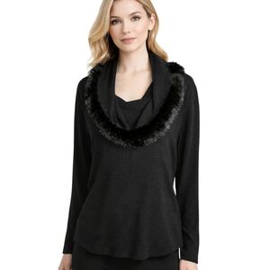 Joseph Ribkoff Rabbit Fur Trim Cowl Neck Top Black Size M